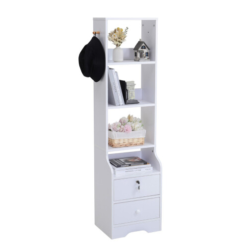 Living And Home (4 Tier) Tall Slim Storage Shelf Beside Table with Lockable Drawer White 2