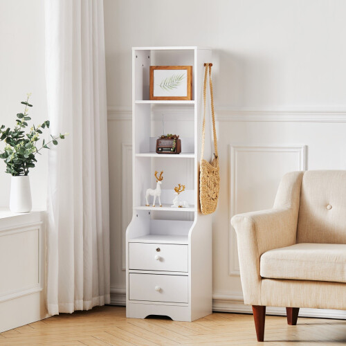 Living And Home (4 Tier) Tall Slim Storage Shelf Beside Table with Lockable Drawer White 1