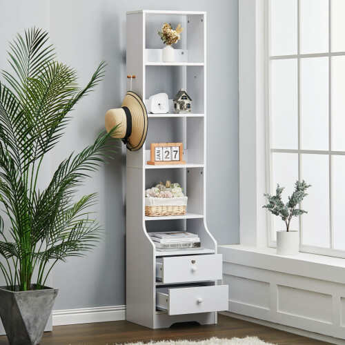 Living And Home (5 Tier) Tall Slim Storage Shelf Beside Table with Lockable Drawer White 1