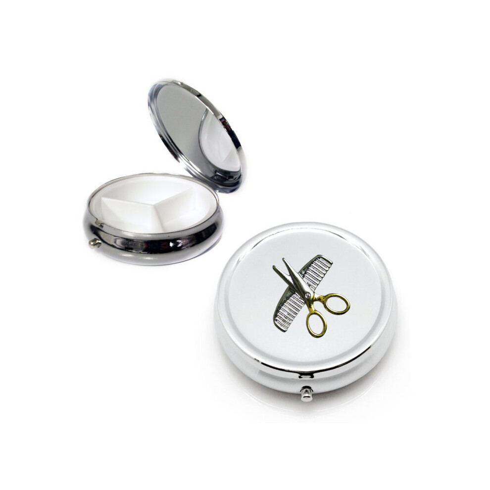 Knight Hair Stylist's Comb And Scissors Silver Round Pill Box
