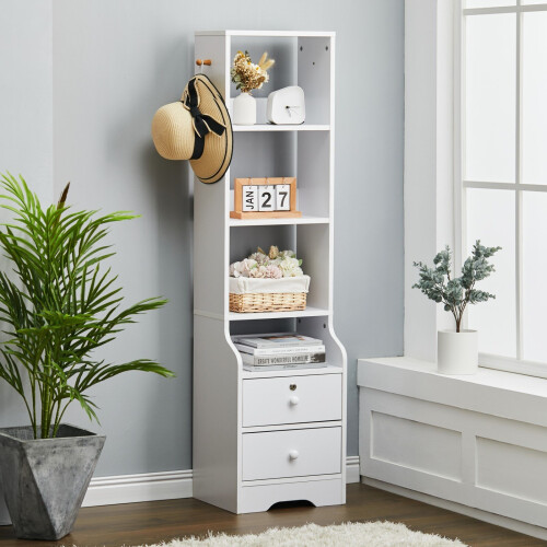 Living And Home (4 Tier) Tall Slim Storage Shelf Beside Table with Lockable Drawer White