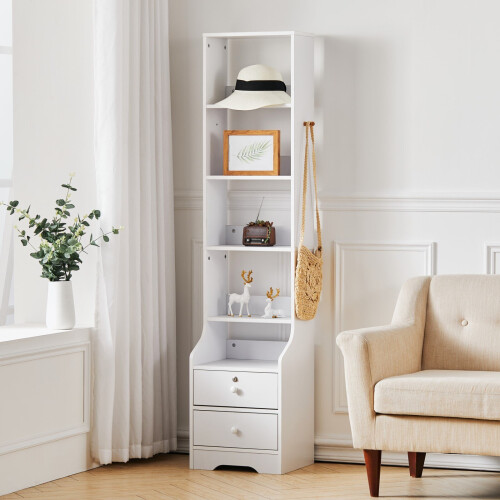 Living And Home (5 Tier) Tall Slim Storage Shelf Beside Table with Lockable Drawer White 2
