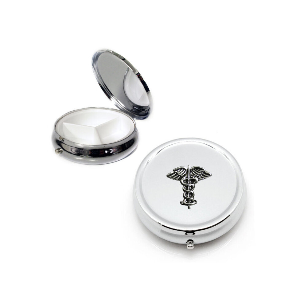 Knight Silver Caduceus Medical Symbol Round Pill Box