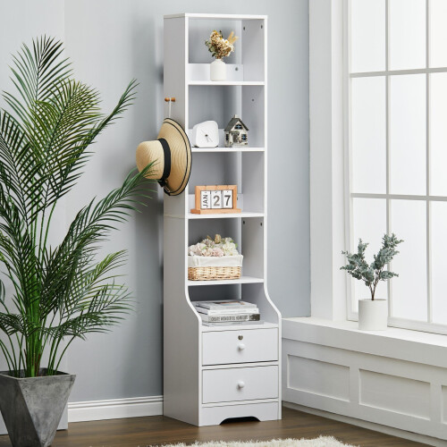 Living And Home (5 Tier) Tall Slim Storage Shelf Beside Table with Lockable Drawer White