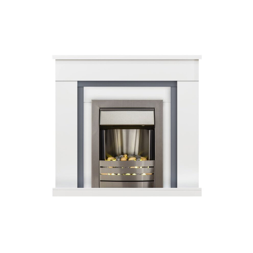Adam Milan Fireplace in Pure White & Grey with Helios Electric Fire in Brushed Steel, 39 Inch