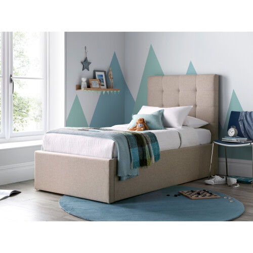 Bedmaster Candice Oatmeal Fabric Ottoman Storage Bed Single 1