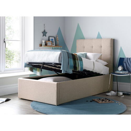 Bedmaster Candice Oatmeal Fabric Ottoman Storage Bed Single