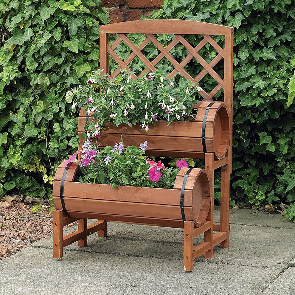 Vintage Wooden Garden Twin Barrel Planter Plant Stand With Trellis