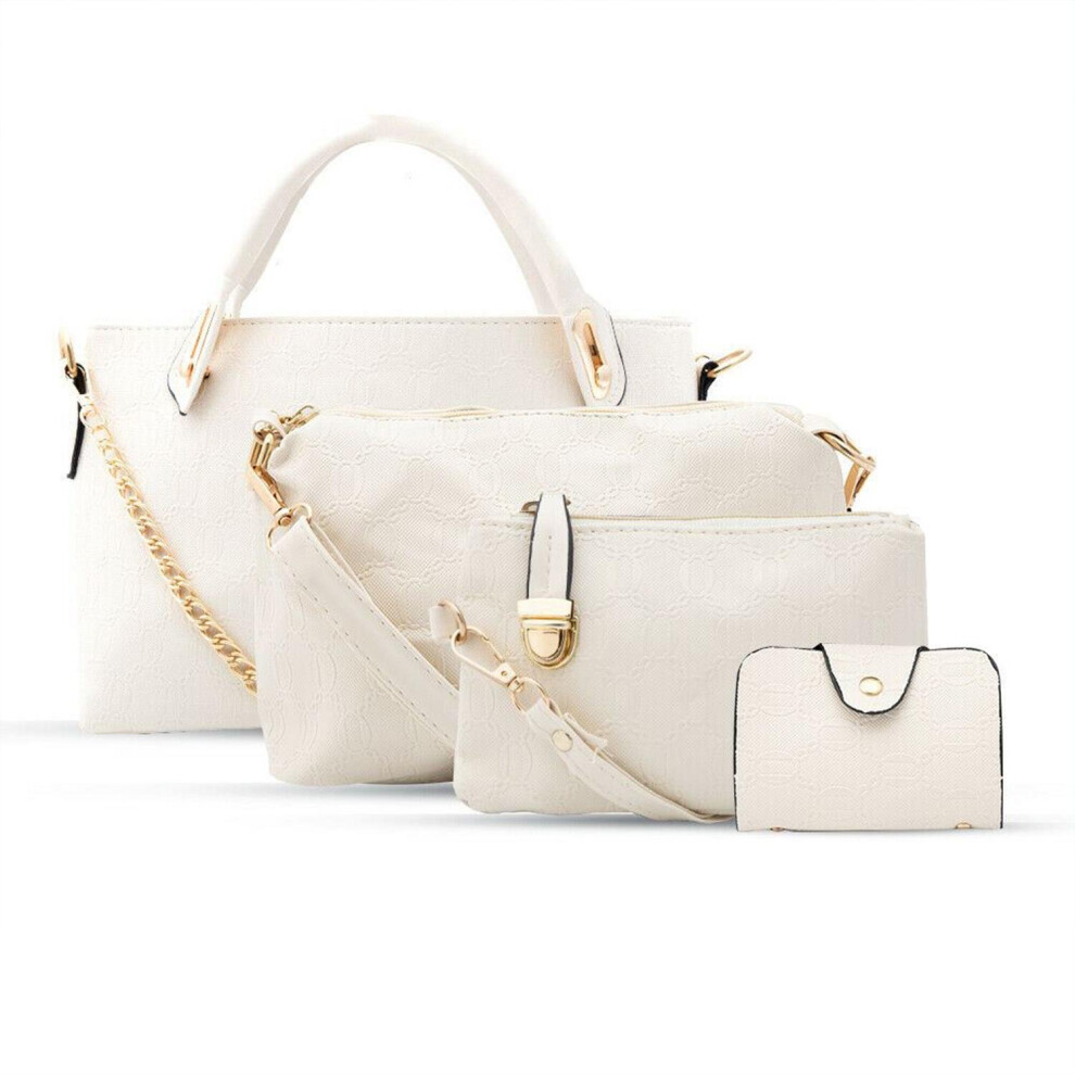 (Buy 1 - White) Women 4 Pcs Leather Handbag Set, White/Purple