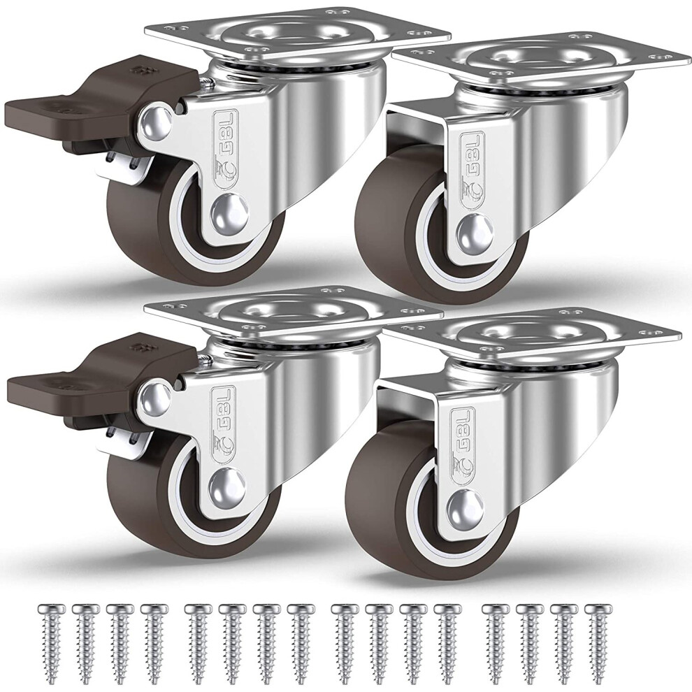 GBL - Small Castor Wheels 25mm + Screws 40KG | 4 Moving Caster Wheels with Brake Heavy Duty Swivel Wheels for Furniture - Trolley Wheels wit