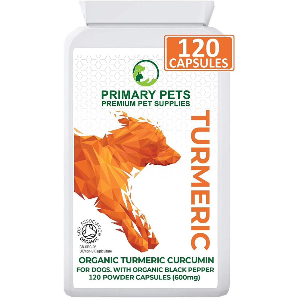 Organic Turmeric for Dogs with Curcumin. Pack of 120 600mg Powder Capsules. Hip and Joint Supplement for Dogs. With Organic Black Pepper Ext