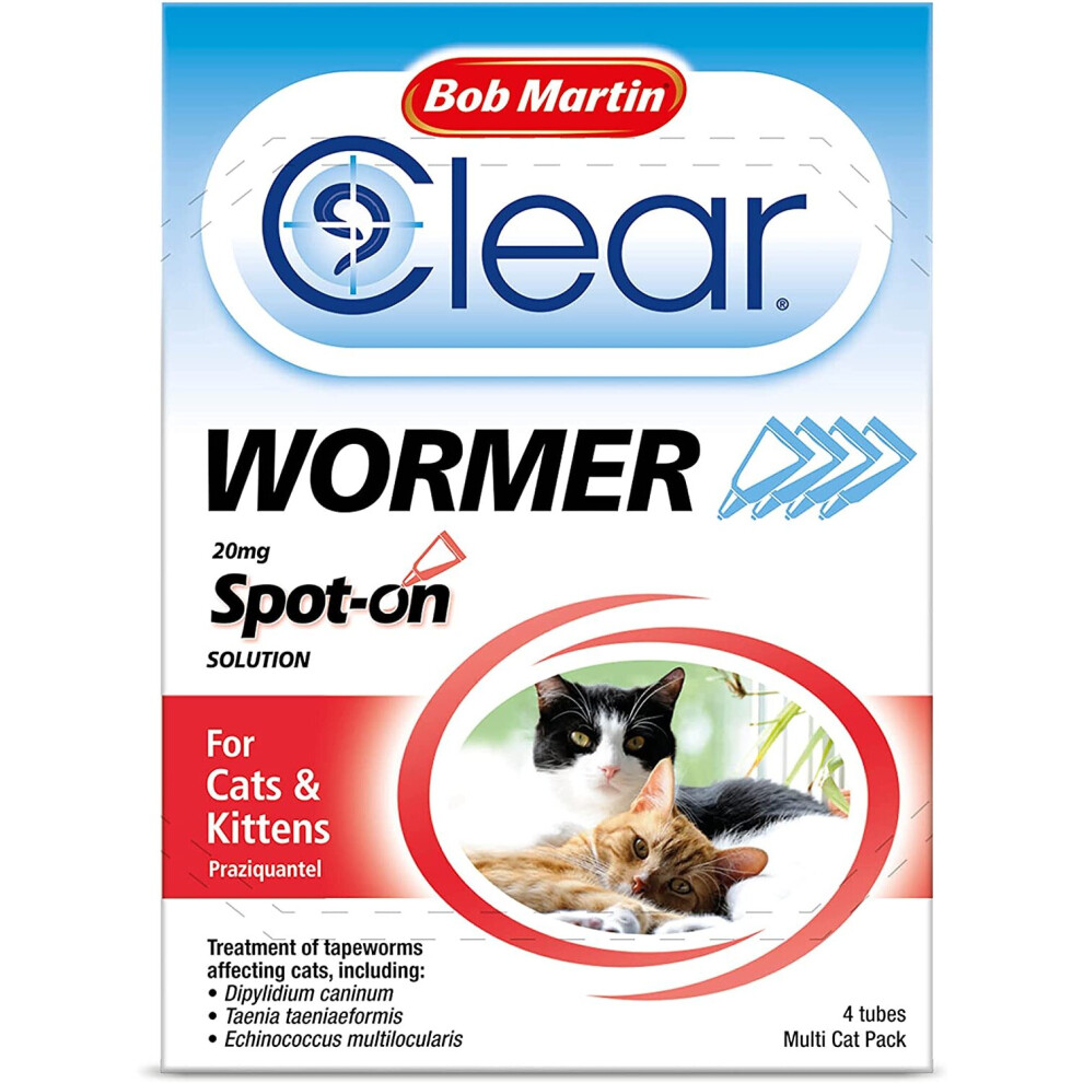 Bob Martin Clear | Spot On Wormer for Cats & Kittens | 100% Effective Tapeworm Treatment (4 Pipettes)