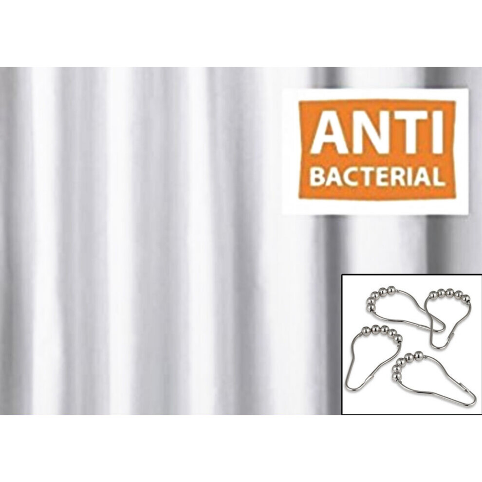 (W240 X L220 with CHROME RINGS) Wg White Anti-Bacterial Fabric Shower Curtain With Chrome Rings - Various Sizes - Standard Or Extra Short/Long/Narrow