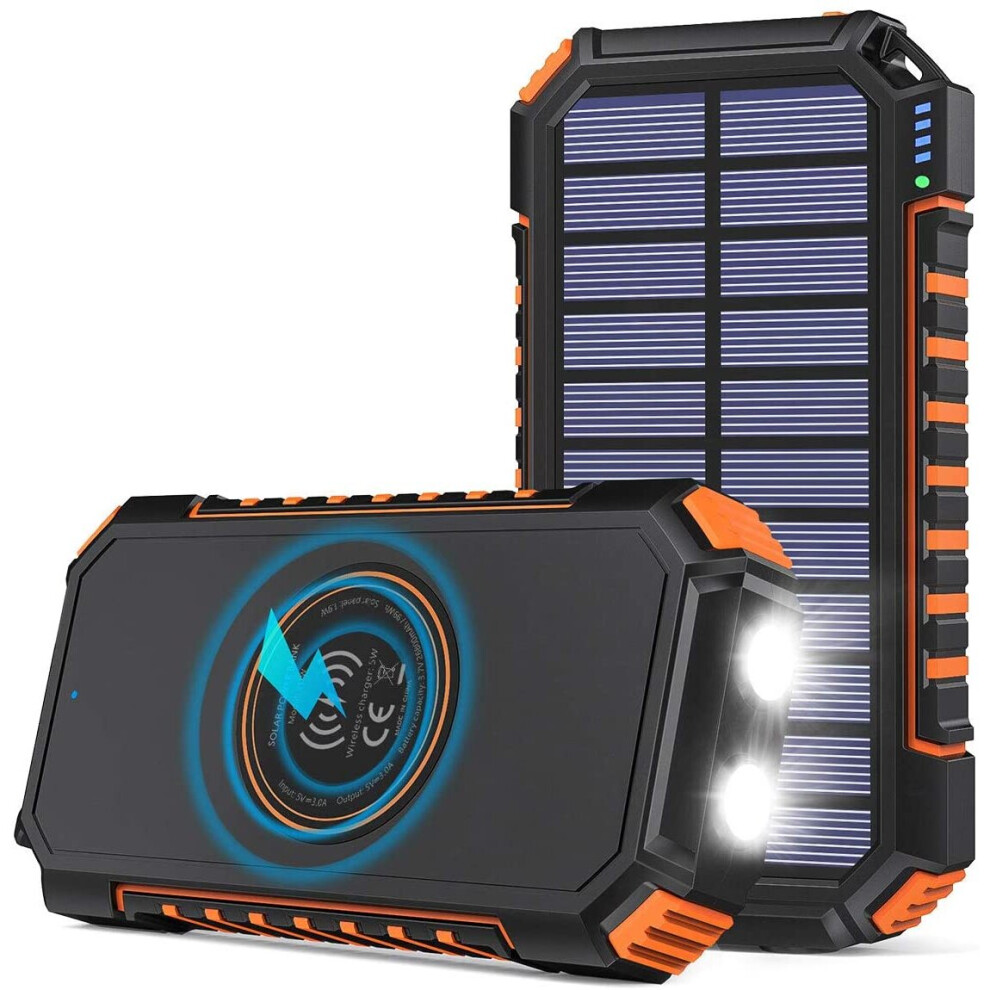 Solar Charger 26800mAh, Hiluckey Wireless Portable Charger Power Bank with 4 Outputs & LED Flashlight, USB C Quick Charge Waterproof Phone C