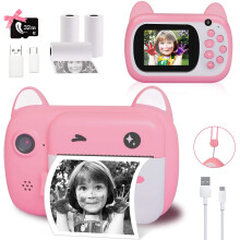 Kids Instant Print Camera with Dual Lens, 1080P Video, Zero-Ink Printing (3 Roll Paper), 1000mAh Battery, Pink