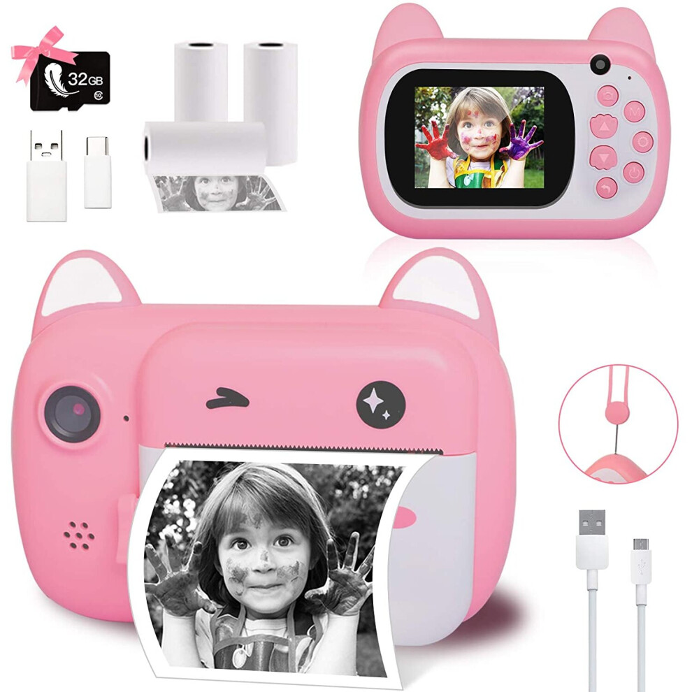 Kids Instant Print Camera With Dual Lens, 1080P Video, Zero-Ink Printing (3 Roll Paper), 1000Mah Battery, Pink