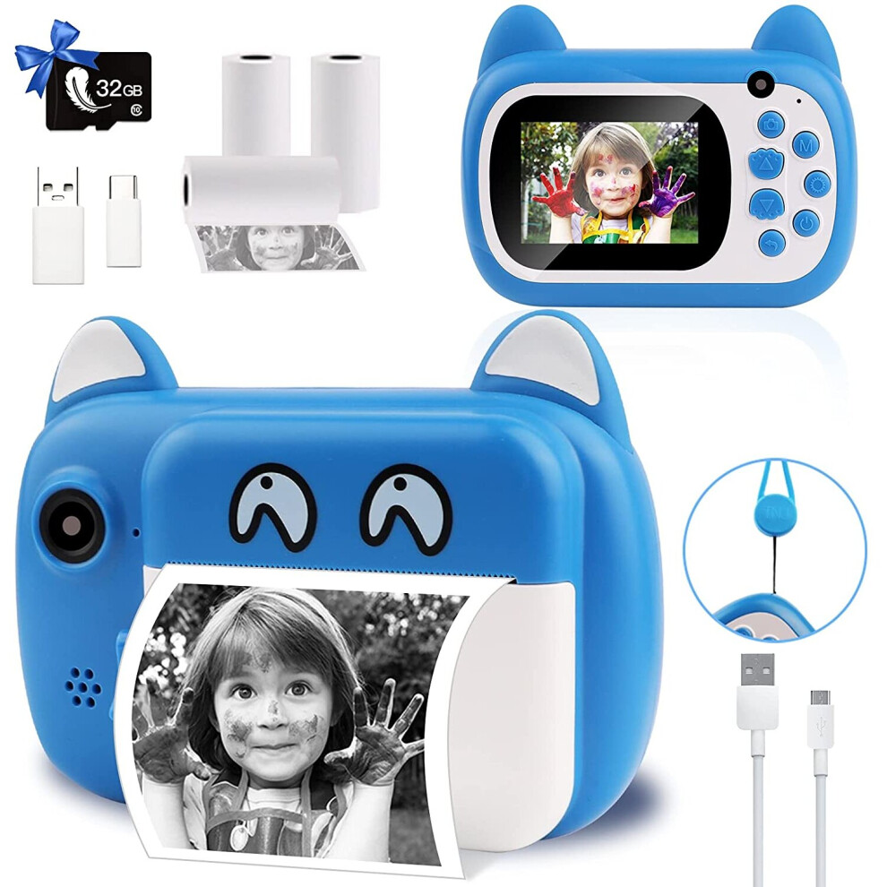 Instant Print Camera for Kids, Upgrade Selfie Kids Camera, Digital Zero Ink Video Camera with 3 Rolls Print Paper Camera, 1000 mAh, Dual Len 