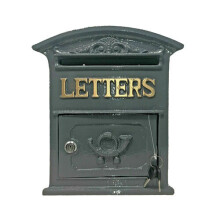 Victorian Grey Cast Iron Wall-Mounted Post Box, 27cm x 31cm x 9cm, Front Letter Slot, Gold 'LETTERS', Includes 2 Keys