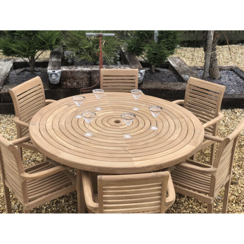 Teak Round Table 150cm 6 stacking chairs