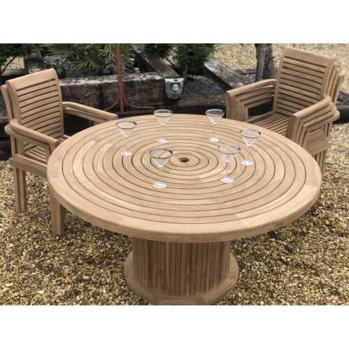 Teak Round Table 150cm 6 stacking chairs 1