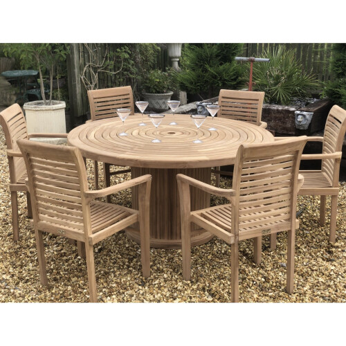Teak Round Table 150cm 6 stacking chairs 2