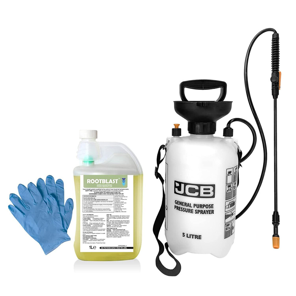 RootBlast 360g/L Glyphosate 1L Weedkiller with integral measuring device - JCB 5L Pump Sprayer - Pair of Gloves - 1L makes up to 50L