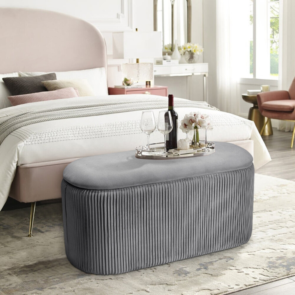 (Grey) Tufted Velvet Oval Storage Ottoman Stool