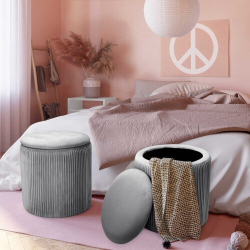 Living And Home (Grey) Round Ottoman Storage Pouffe Stool Velvet Footstool 1