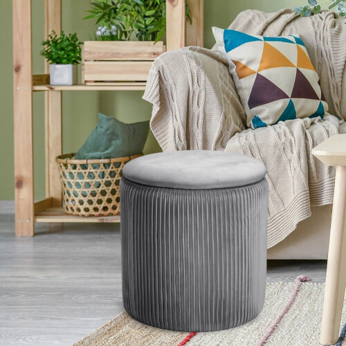 Living And Home (Grey) Round Ottoman Storage Pouffe Stool Velvet Footstool 2