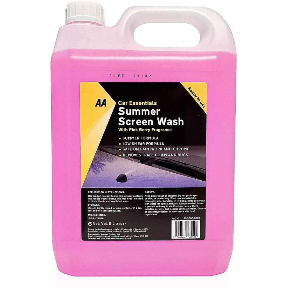 AA Car Essentials - 5L Summer Screenwash with Pink Berry Fragrance - Low Smear formula