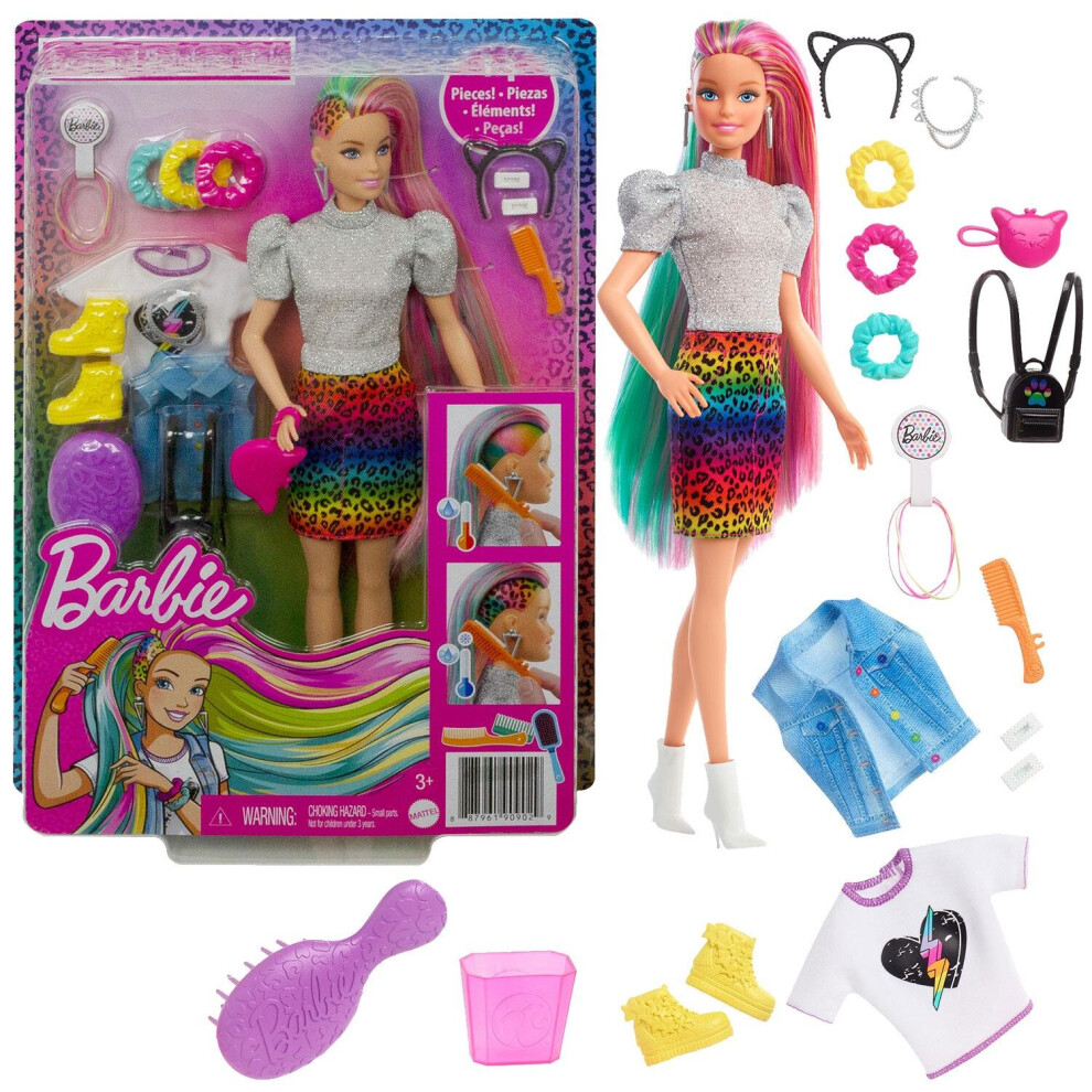 Barbie Leopard Rainbow Hair Doll with Colour-Change Feature