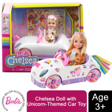 Poup  e Barbie Chelsea et voiture jouet avec th  me licorne Petite poup  e blonde en jupe amovible Feuille d'autocollants et accessoires pour chiot
