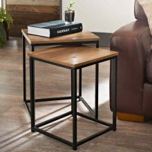 Rustic Pine Square Nest of 2 Tables, Black Metal Base - G-0347