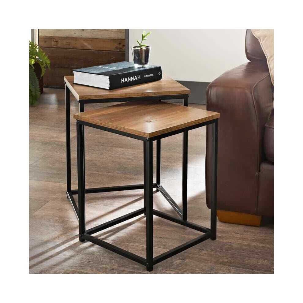 Spot On Dealz Rustic Pine Square Nest Of 2 Tables, Metal Base - G-0347 Black