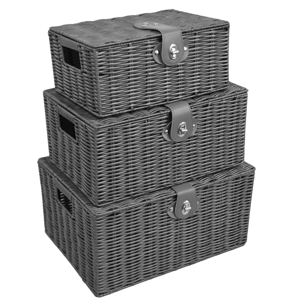 (Grey) ASAB 3 Resin Wicker Woven Storage Baskets Box