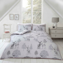(Double) Sherwood Woodland Deer Grey Reversible Duvet Cover Piped Edge Bedding Set