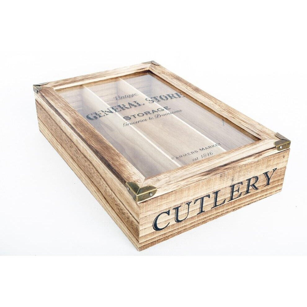 General Store Wooden Cutlery Tray With Glass Top