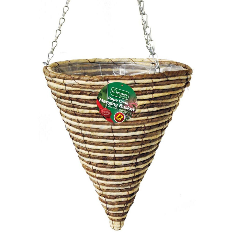 Kingfisher 30Cm Rope Cone Hanging Lined Basket Chain Wicker Patio Garden Plants