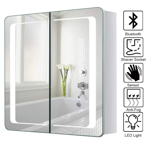 Living And Home Modern LED Bathroom Mirror Cabinet with Shaver Socket Bluetooth