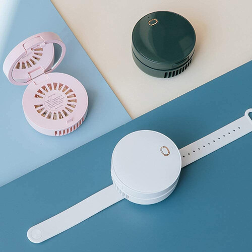 (Pink) Wrist Mirror Without Leaf Fan USB Mute Watch Fan 2