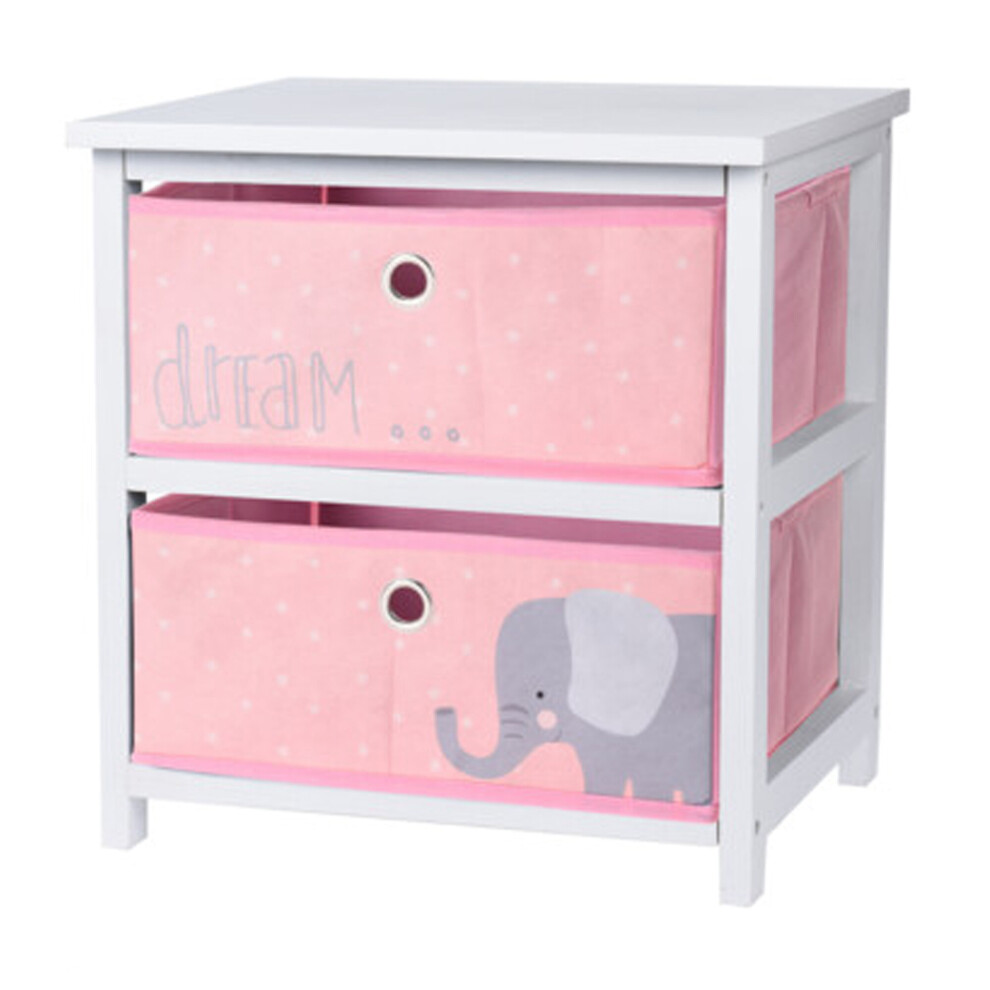 (Pink Elephant) MDF Wooden 2 Drawer Bedside Childrens Kids Girls Boys Cabinet Bedroom Furniture