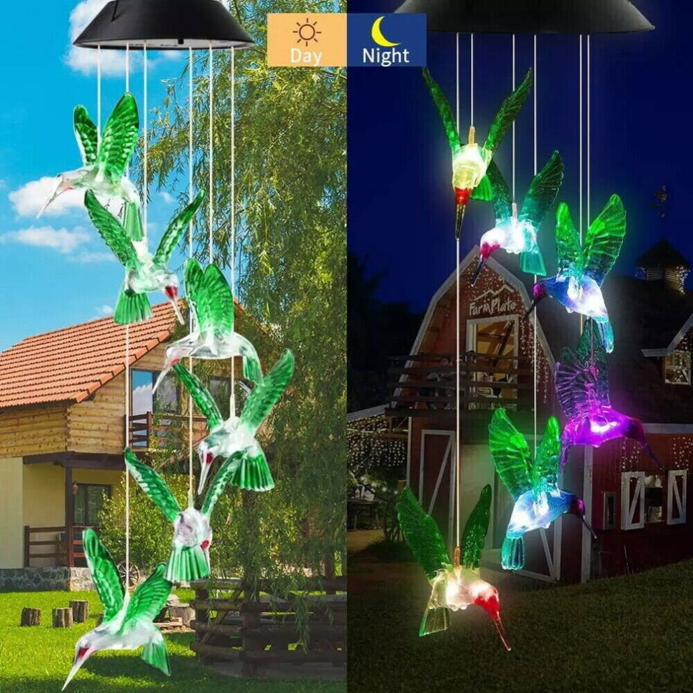 LED Colorful Solar Power Wind Chime Light Crystal Hummingbird Outdoor Waterproof for Window Door Decor Lamp