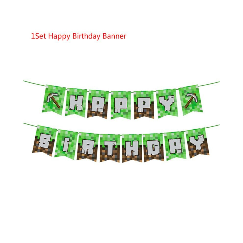 (1Set- Happy Birthday Banner) Minecraft Party Supplies Decor Disposable Tableware