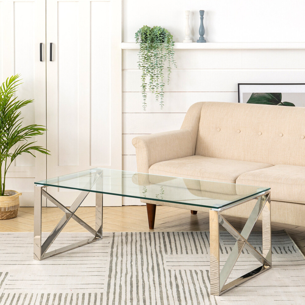 (W60*L120*H45cm) Glass & Chrome Cross X Legs Display Stand Side Lamp Coffee Table Console Table