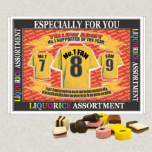 (Liquorice) Watford Football Shirt Gift Boxed Sweets Available in Vanilla Fudge, Fruit Jellies, Liquorice, Chocolate Footballs And Haribo Mix