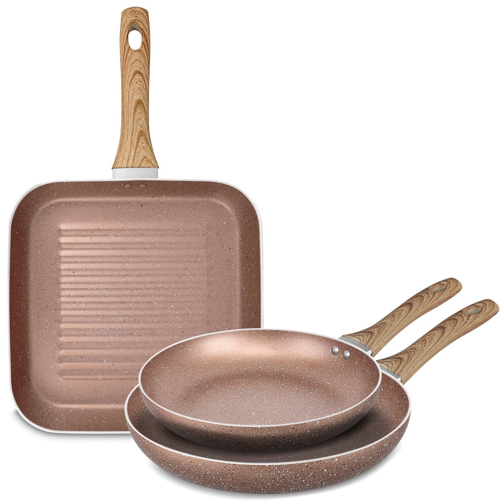 Rose Gold 3 Piece Non Stick Marble Frying Pan Griddle Set