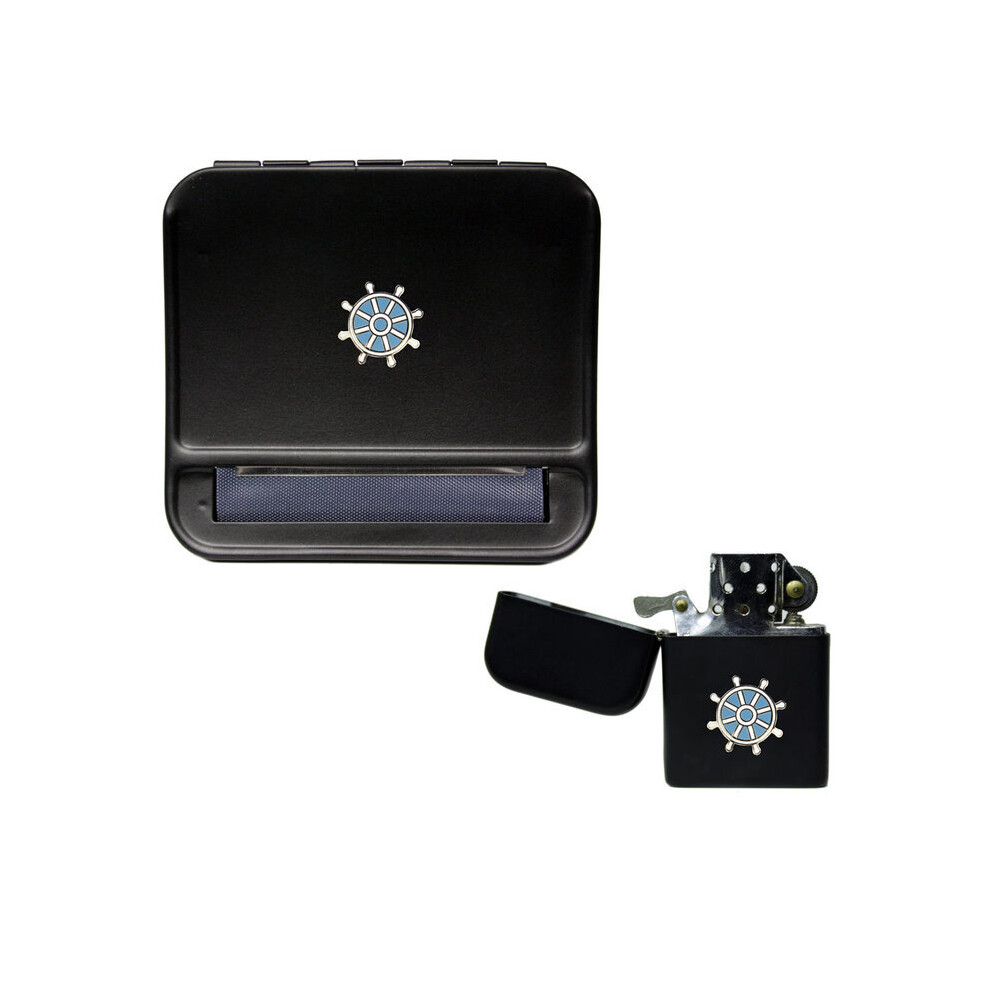 Knight Black Nautical Ship's Wheel Cigarette Rolling Machine And Stormproof Petrol Lighter