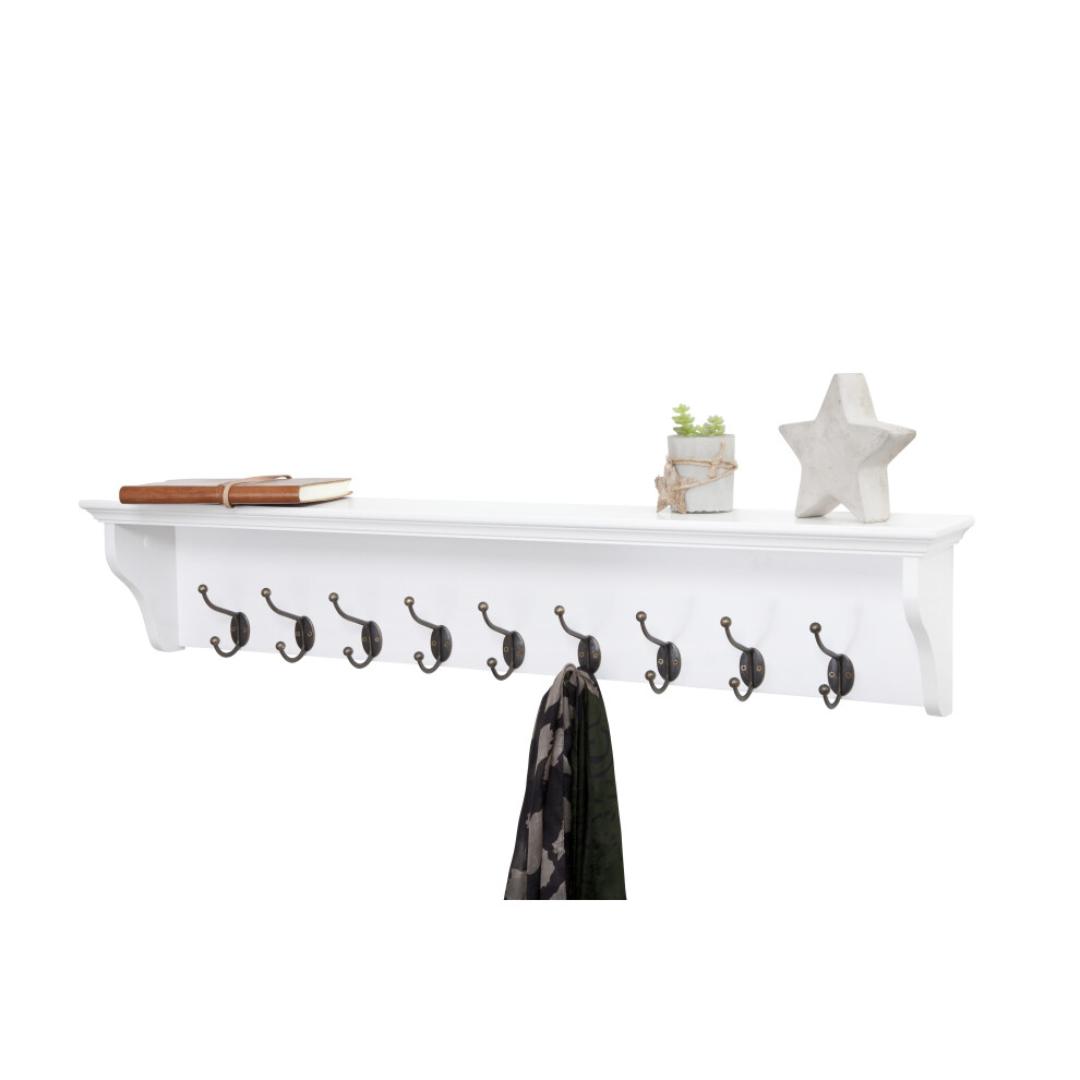 Richmond White Wooden Wall Mounted Coat Rack with 9 Hooks and Shelf