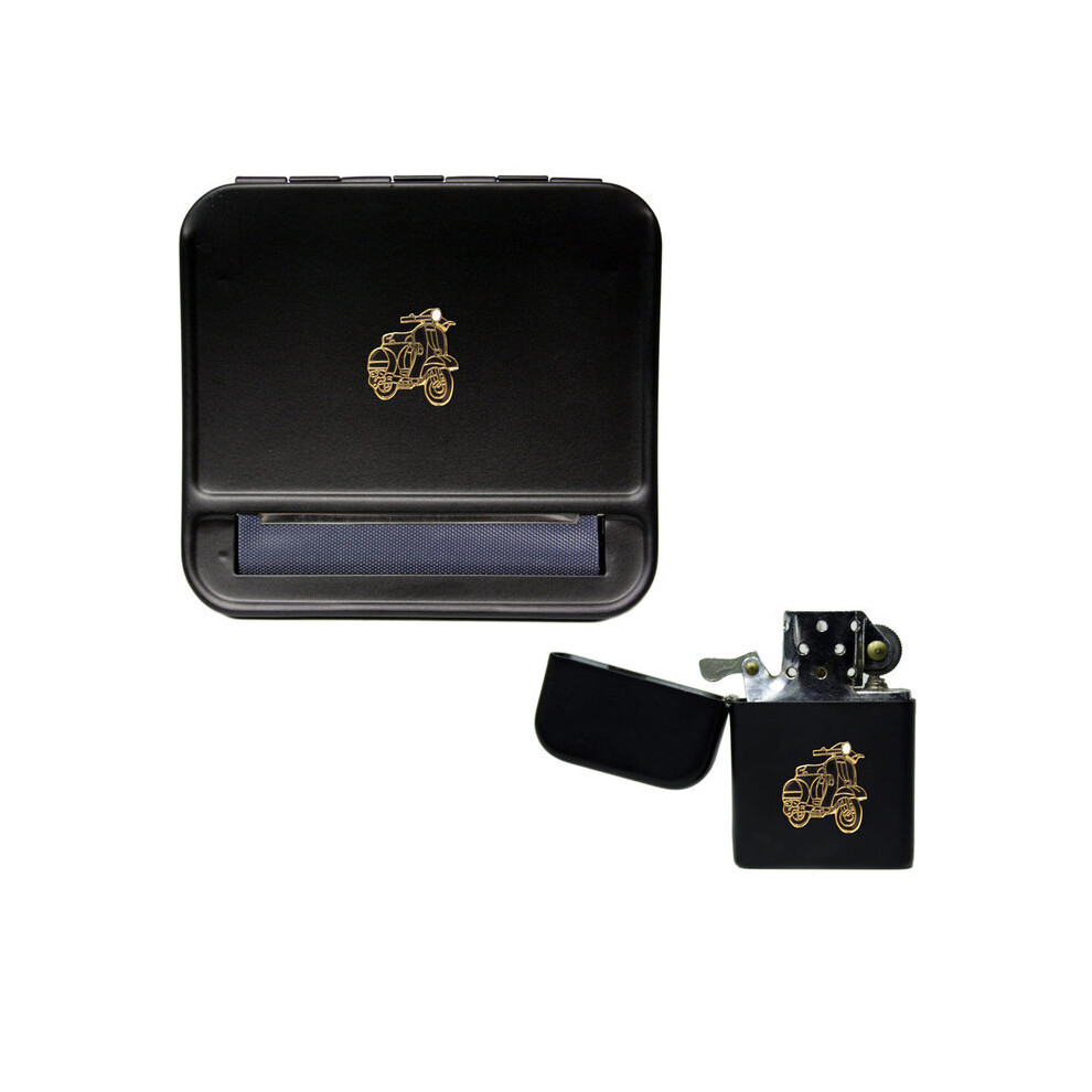 Knight Black Vespa Scooter Cigarette Rolling Machine And Stormproof Petrol Lighter