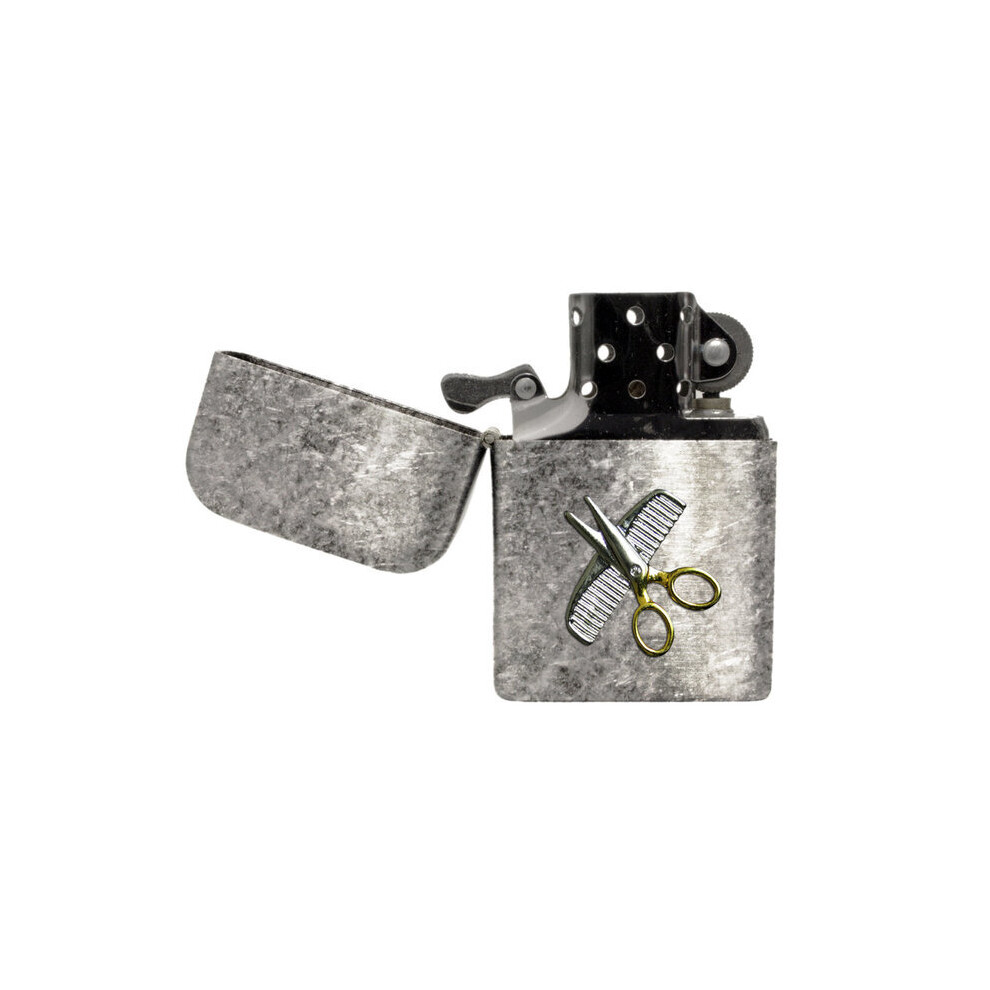 Knight Hair Stylist's Comb And Scissors Antique Effect Stormproof Petrol Lighter